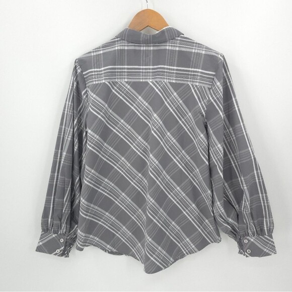 Chicos Plaid Poplin Button Down Top Womens 12 Billow Sleeves Gray Career Office - Picture 3 of 13